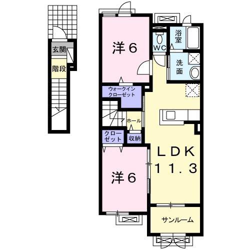 フルールドゥスリジェ(2LDK/2階)の間取り写真