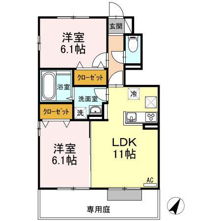 ソレイユB棟(2LDK/1階)の間取り写真