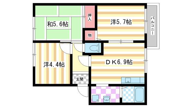 アルカディアA棟(3DK/1階)の間取り写真