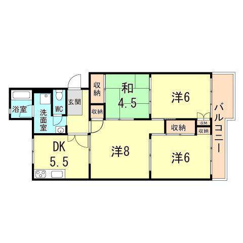 ＪＲ山陽本線 朝霧駅 バス乗車時間：8分 最寄りバス停で下車 徒歩1分 4階建 築50年(4DK/4階)の間取り写真