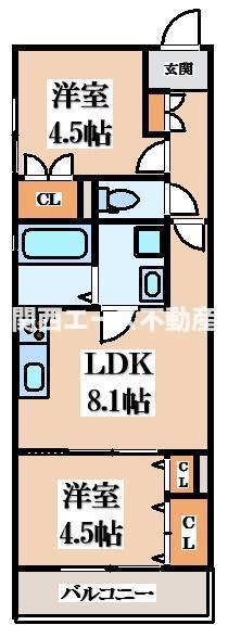 クリエオーレ瓜生堂(2LDK/3階)の間取り写真