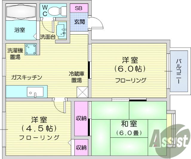 ハートタウンKATO B棟(3DK/1階)の間取り写真