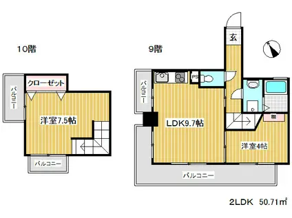 プリオーレ神戸Ⅱ(2LDK/9階)の間取り写真