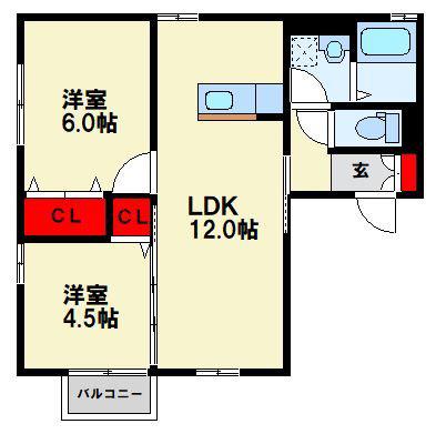 カーサロッソ(2LDK/1階)の間取り写真