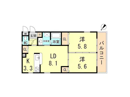 ロイヤルメゾン六甲5(2LDK/3階)の間取り写真