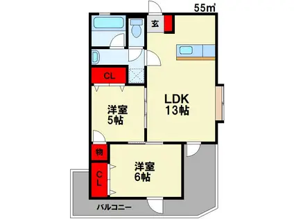 サンフィールド(2LDK/1階)の間取り写真