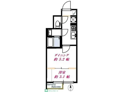グローリオシェルト武蔵小杉II(1DK/4階)の間取り写真