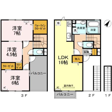 ＪＲ山陽本線 長府駅 徒歩3分 3階建 築10年(3LDK/2階)の間取り写真