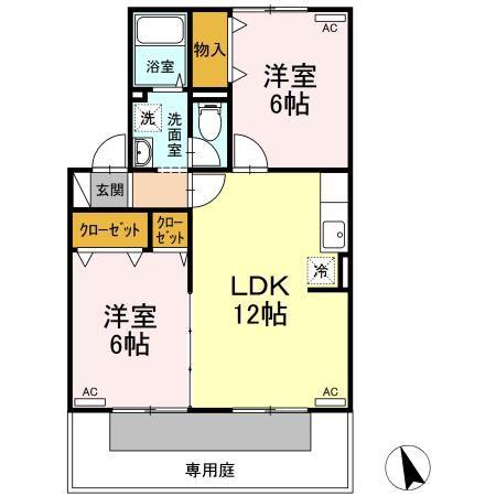 ヴィラージュ B棟(2LDK/1階)の間取り写真
