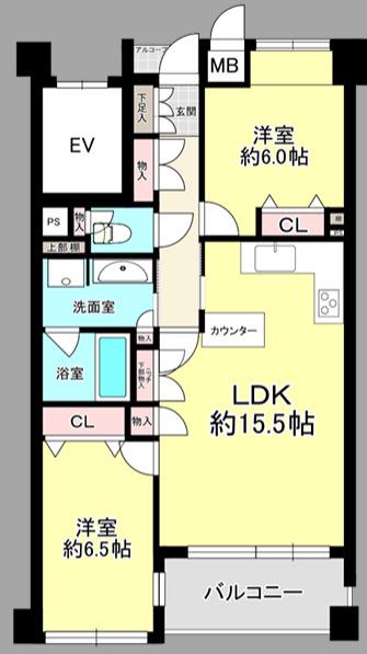 甲子園四番町パークハウス(2LDK/1階)の間取り写真