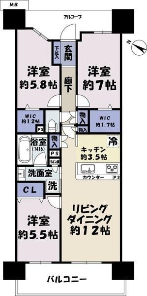 デュオヒルズつくばエンブレム(3LDK/7階)の間取り写真