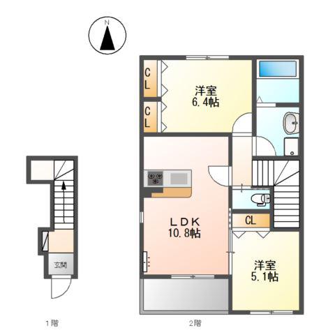 グランディール(2LDK/2階)の間取り写真