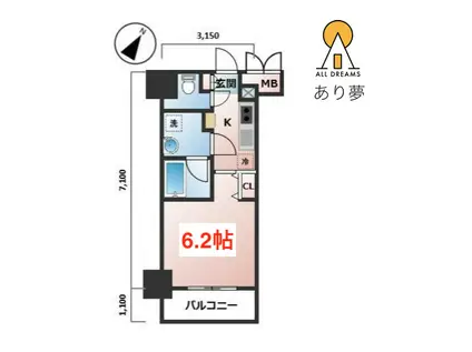 ZOOM横浜桜木町(1K/3階)の間取り写真