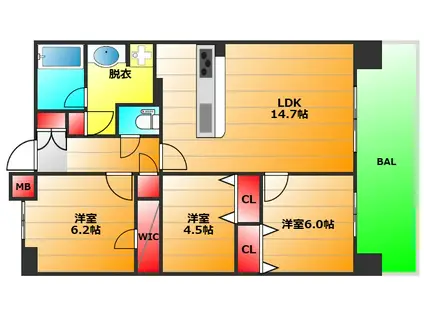プレミスト北堀江(3LDK/5階)の間取り写真