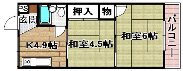 高槻ローズハイツA棟(2K/4階)の間取り写真