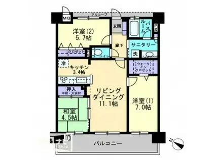 アルファステイツ佐世保駅北II(3LDK/6階)の間取り写真