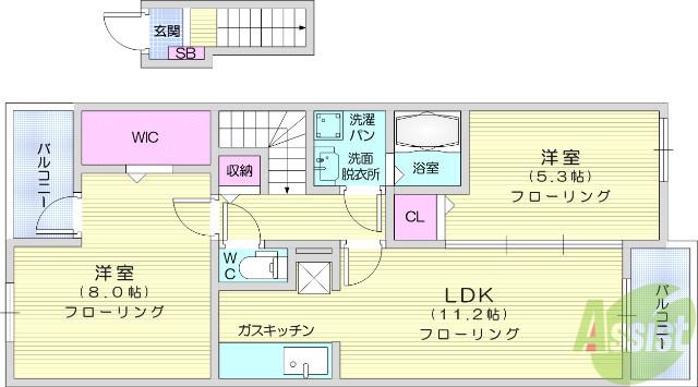 ピースヴィラ袋原南Ⅰ(2LDK/2階)の間取り写真
