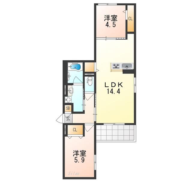 SUNSKY鳳西町(2LDK/1階)の間取り写真