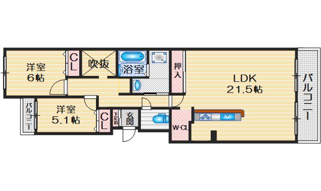 コスモ上野東(2LDK/2階)の間取り写真