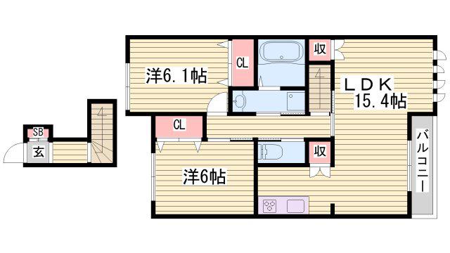 フェリオ勝原B(2LDK/2階)の間取り写真