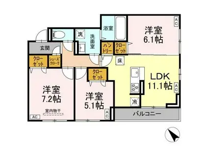 D-ROOM都賀2丁目IIーA棟(3LDK/3階)の間取り写真