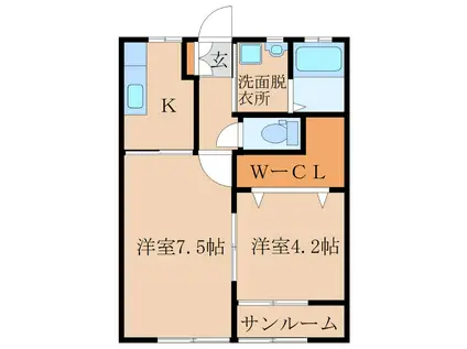 シャルール B棟(2K/1階)の間取り写真