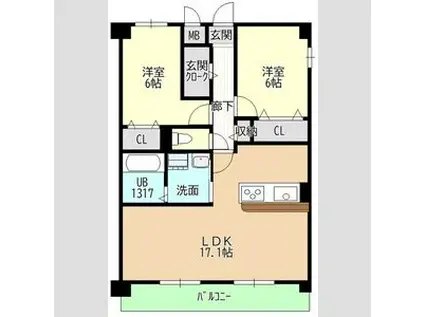 ヒルザコートII(2LDK/1階)の間取り写真