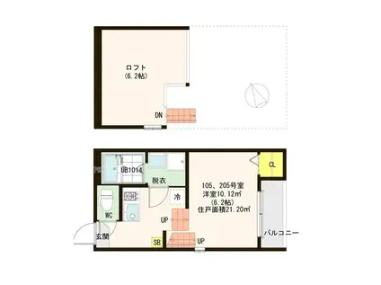 ハーモニーテラス中倉II(1K/2階)の間取り写真