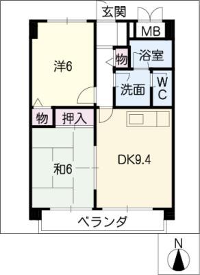 地下鉄名城線 瑞穂運動場東駅 徒歩4分 3階建 築33年(2DK/3階)の間取り写真