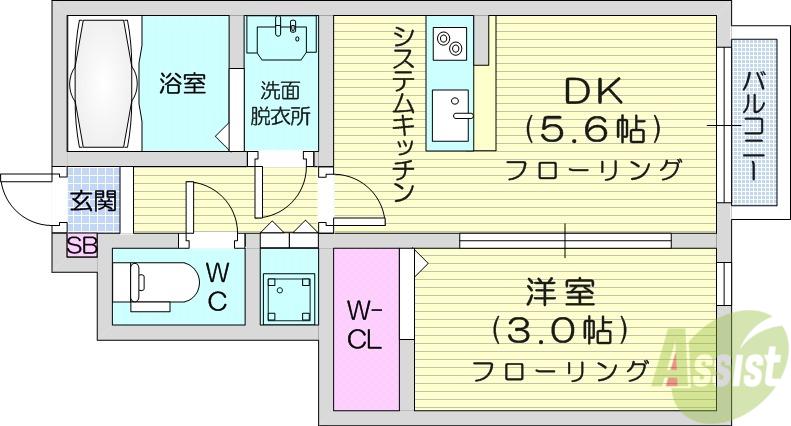 カームコート太子堂(1DK/1階)の間取り写真