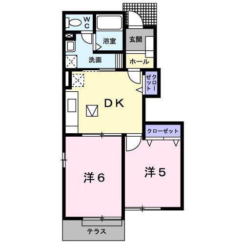 ベルデュールI(2DK/1階)の間取り写真