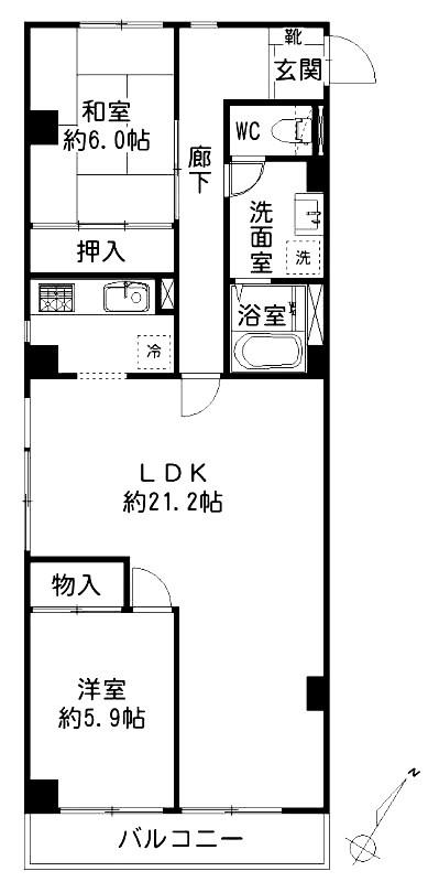 岸谷クリークコーポ(2LDK/3階)の間取り写真
