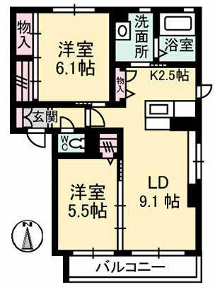 シャーメゾンしおやの杜 B棟(2LDK/2階)の間取り写真