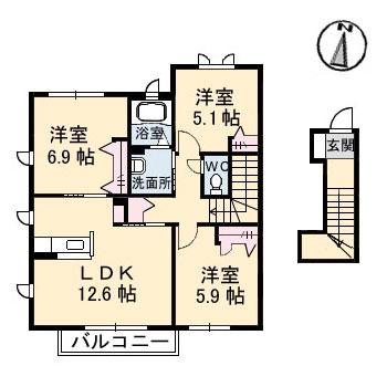 ＪＲ予讃線 新居浜駅 徒歩47分 2階建 築22年(3LDK/2階)の間取り写真