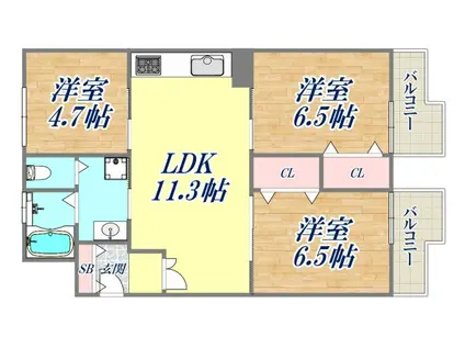 ヴィラ芦屋B棟(3LDK/2階)の間取り写真