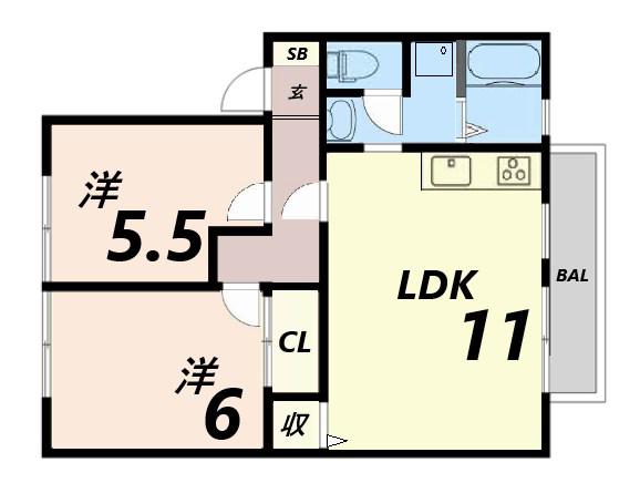 サンハイム下手野B棟(2LDK/1階)の間取り写真