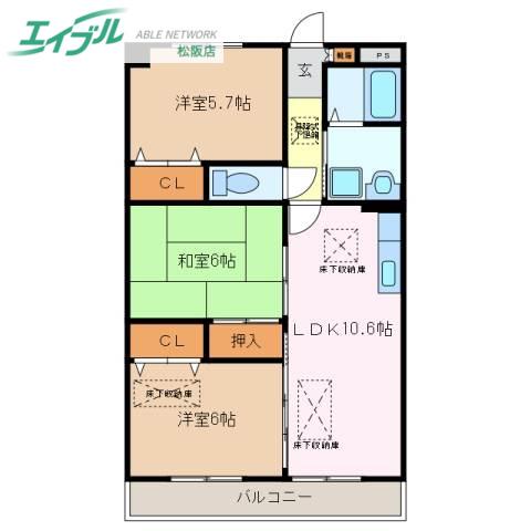 ルネス中川(3LDK/1階)の間取り写真