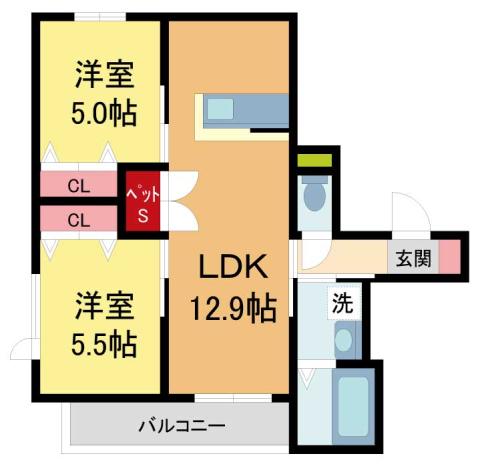 フロレゾン夙川(2LDK/2階)の間取り写真