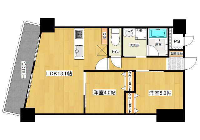フクダ不動産八木駅前マンション(2LDK/4階)の間取り写真
