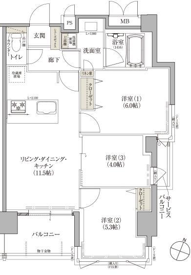 アプリーレ神戸元町(3LDK/13階)の間取り写真