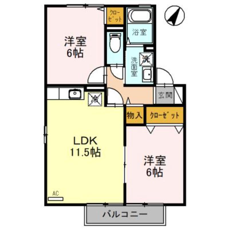 オークヒルズ弐番館(2LDK/2階)の間取り写真