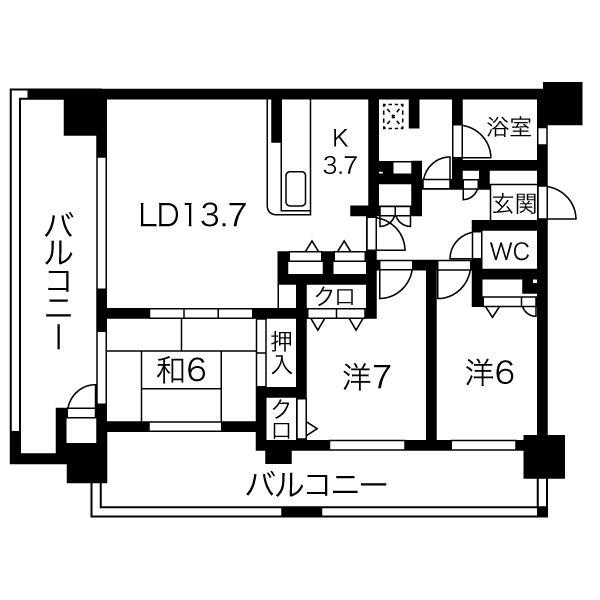 ヒルクレスト大橋RIVERWIND(3LDK/7階)の間取り写真