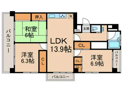 タカノハマンション(3LDK/4階)の間取り写真