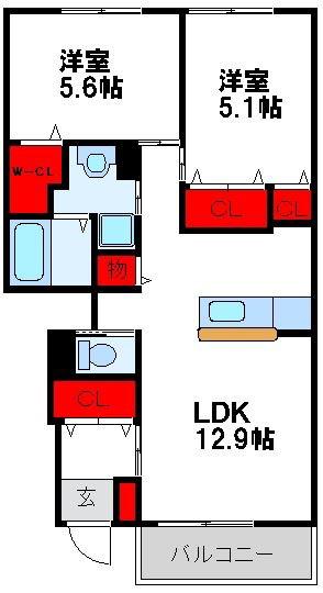 山椿 B棟(2LDK/1階)の間取り写真