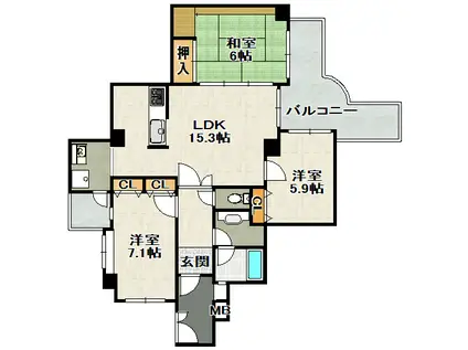 グランドゥール逆瀬川(3LDK/5階)の間取り写真