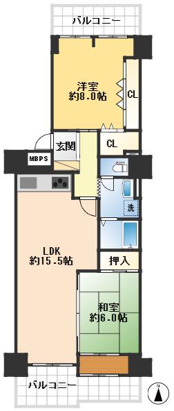 シャルマンコーポ伊丹2号棟(2LDK/5階)の間取り写真