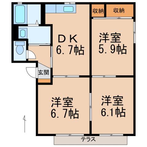 ＪＲ和歌山線 妙寺駅 徒歩5分 2階建 築27年(3DK/1階)の間取り写真