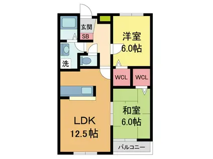 ソレアード甲東園(2LDK/2階)の間取り写真