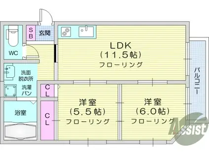 大手町レジデンスB棟(2LDK/2階)の間取り写真