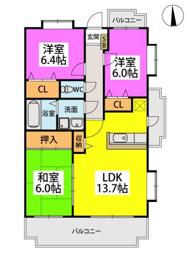 ヴィルヌーブ(3LDK/3階)の間取り写真